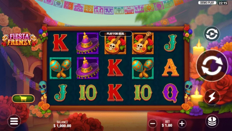 Fiesta Frenzy - Pantalla de juego con carretes e iconografía mexicana